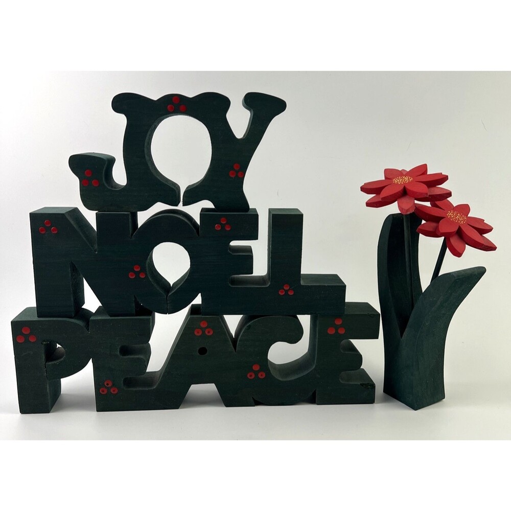 Vintage Wooden Joy, Noel, Peace With Christmas Holly Mantle/Shelving Decor